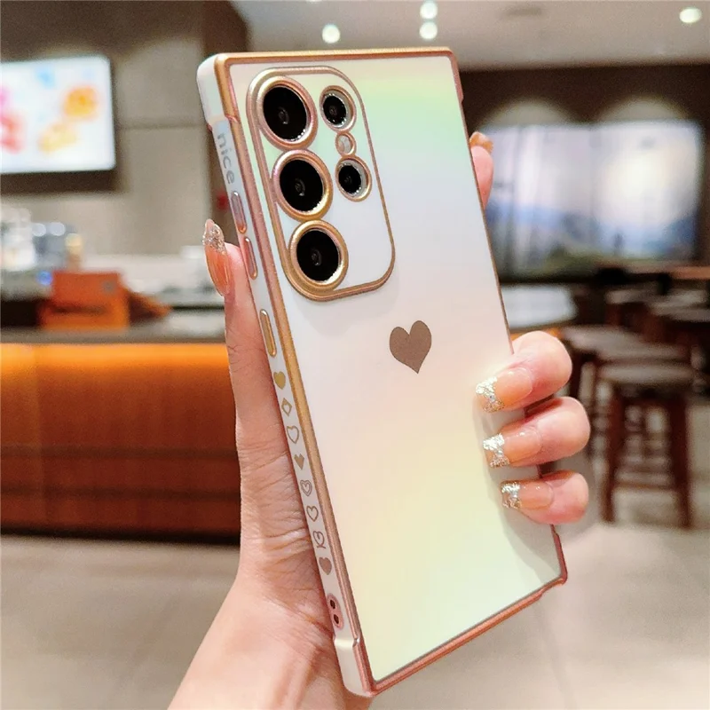 For Samsung Galaxy S25 Ultra Case Dazzling Design Electroplating Heart Pattern TPU Phone Cover - White