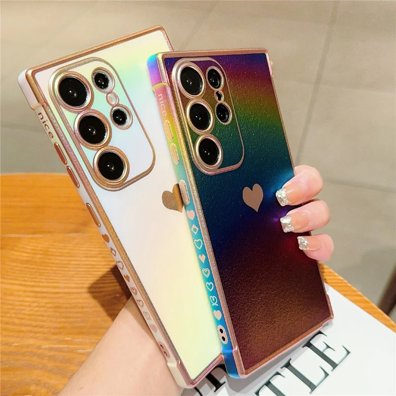 For Samsung Galaxy S25 Ultra Case Dazzling Design Electroplating Heart Pattern TPU Phone Cover - White