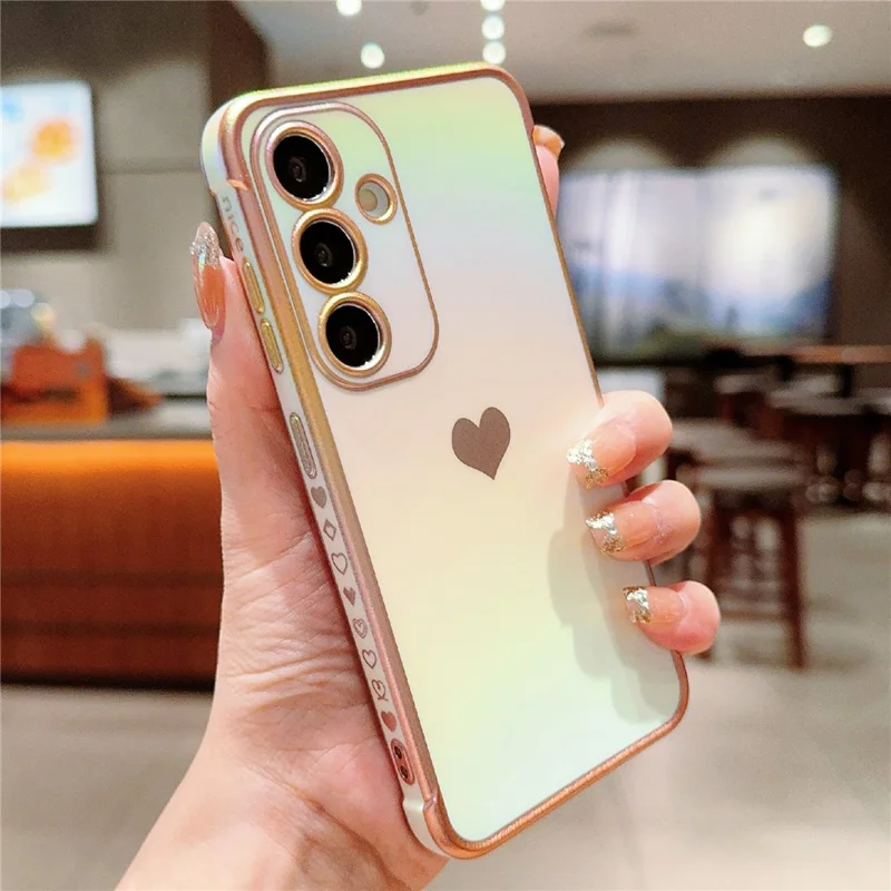 For Samsung Galaxy S25 Case Dazzling Design Electroplating Heart Pattern TPU Phone Cover - White