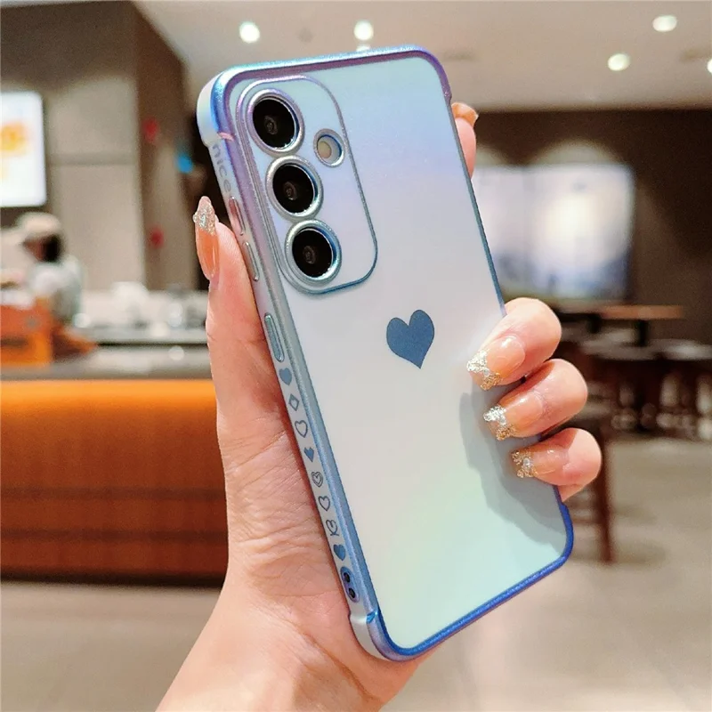 For Samsung Galaxy S25 Case Dazzling Design Electroplating Heart Pattern TPU Phone Cover - Blue