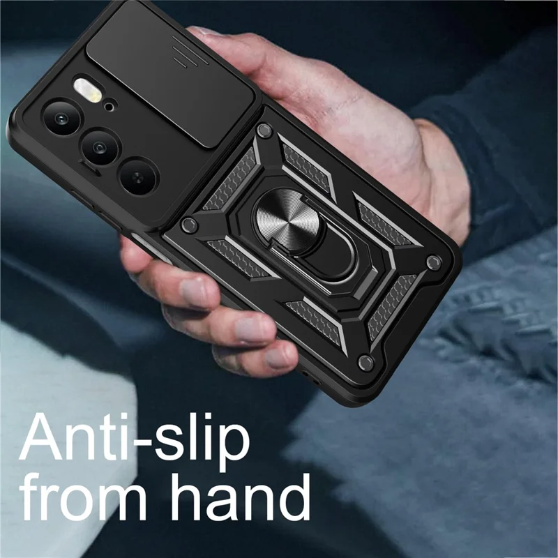 Case for Realme C75 4G / V60 Pro 5G / 14x (India) 5G PC + TPU Phone Cover with Slide Camera Lid and Kickstand - Black