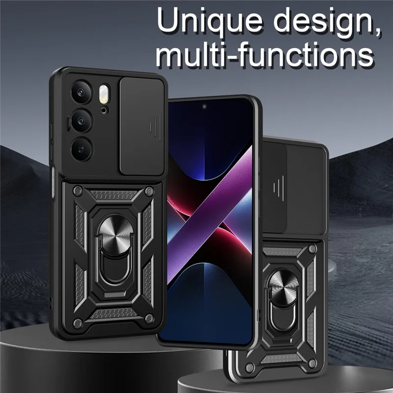 Case for Realme C75 4G / V60 Pro 5G / 14x (India) 5G PC + TPU Phone Cover with Slide Camera Lid and Kickstand - Black