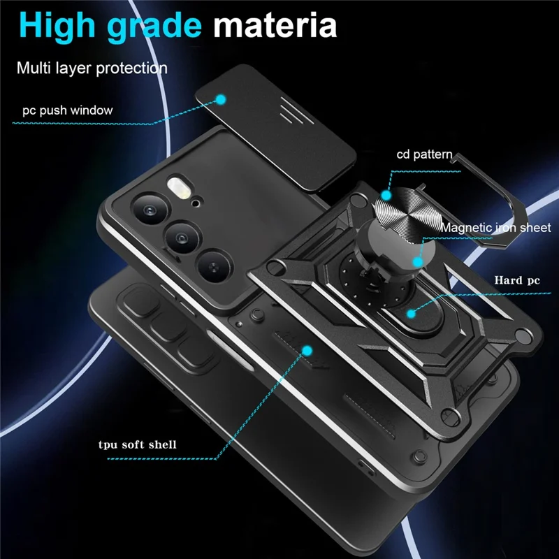 Case for Realme C75 4G / V60 Pro 5G / 14x (India) 5G PC + TPU Phone Cover with Slide Camera Lid and Kickstand - Black