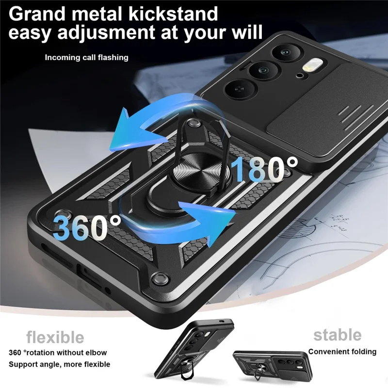 Case for Realme C75 4G / V60 Pro 5G / 14x (India) 5G PC + TPU Phone Cover with Slide Camera Lid and Kickstand - Black