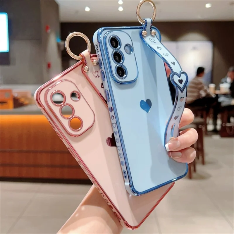 For Samsung Galaxy A36 5G Case Wristband Kickstand Love Heart TPU Phone Cover Finger Holder - Blue