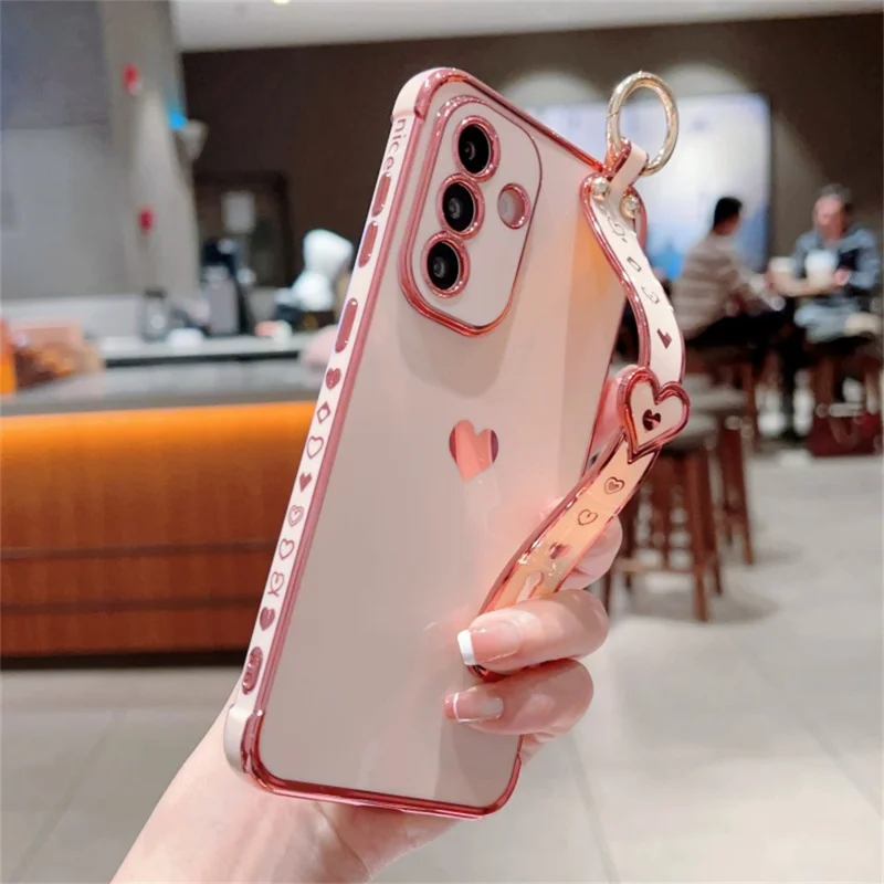 For Samsung Galaxy A56 5G Case Wristband Kickstand Love Heart TPU Phone Cover Finger Holder - Pink
