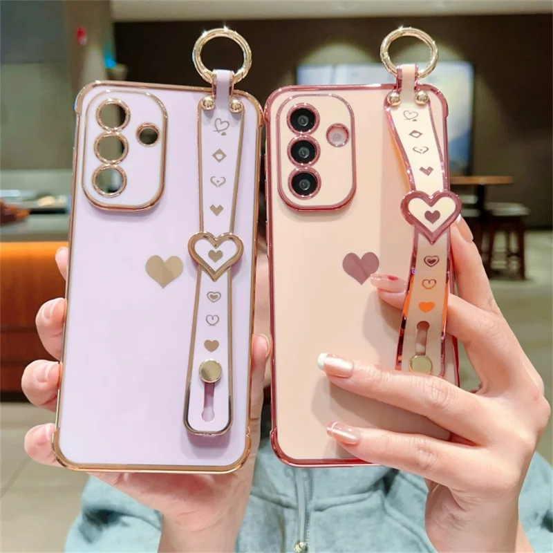 For Samsung Galaxy A56 5G Case Wristband Kickstand Love Heart TPU Phone Cover Finger Holder - Pink