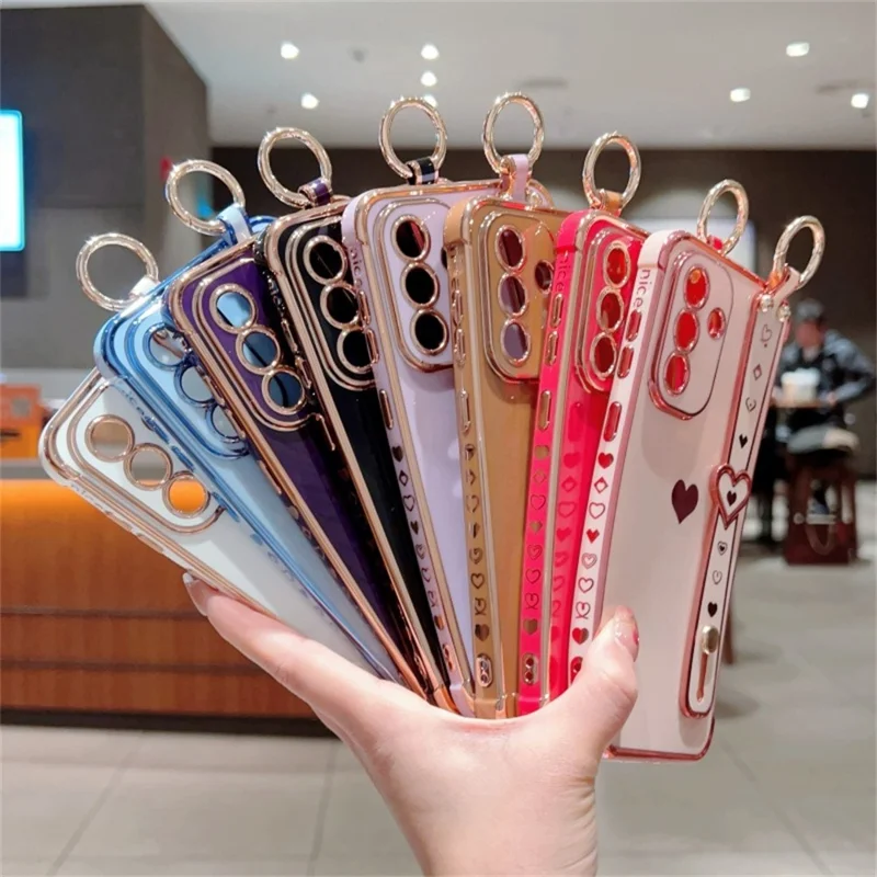 For Samsung Galaxy A56 5G Case Wristband Kickstand Love Heart TPU Phone Cover Finger Holder - Pink