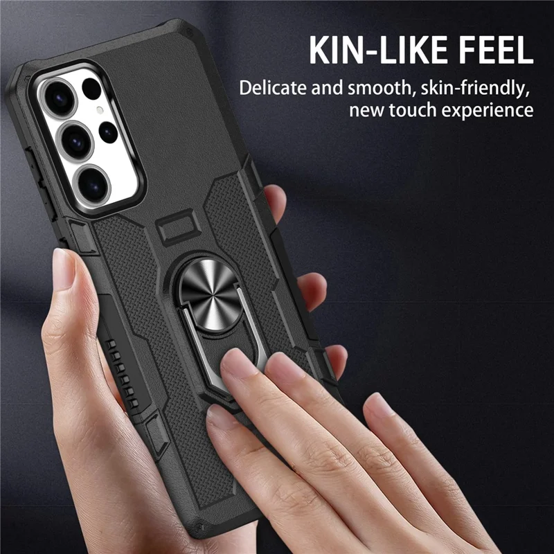 For Samsung Galaxy S25 Ultra Phone Case Ring Kickstand PC + TPU Shockproof Cover - Black
