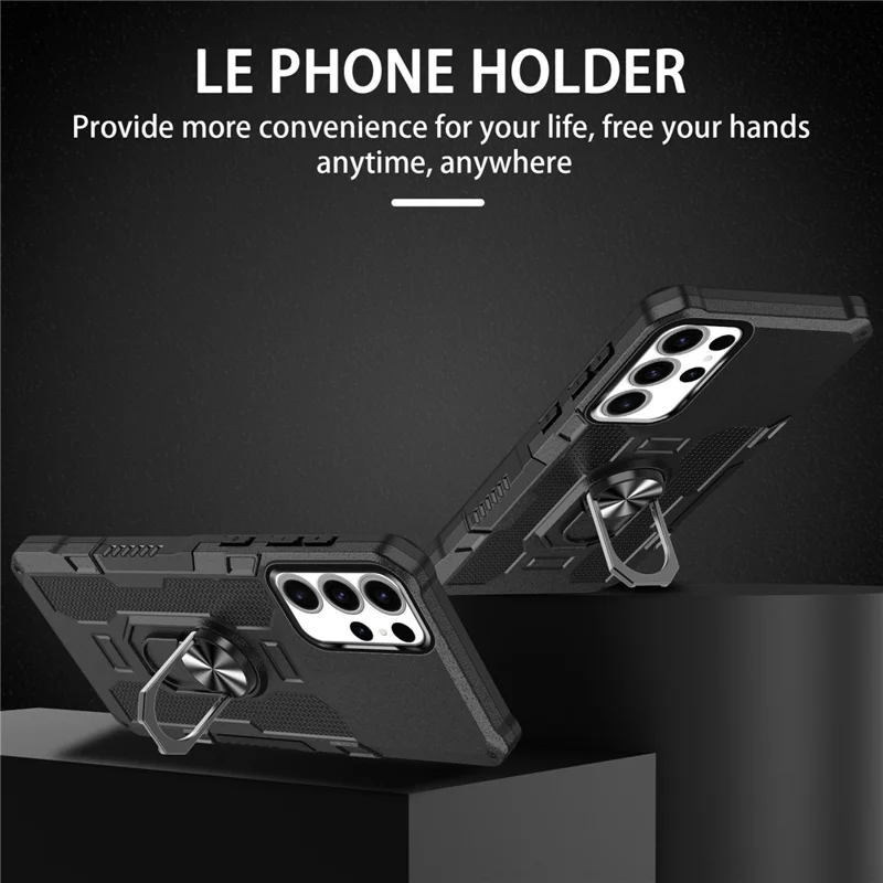 For Samsung Galaxy S25 Ultra Phone Case Ring Kickstand PC + TPU Shockproof Cover - Black