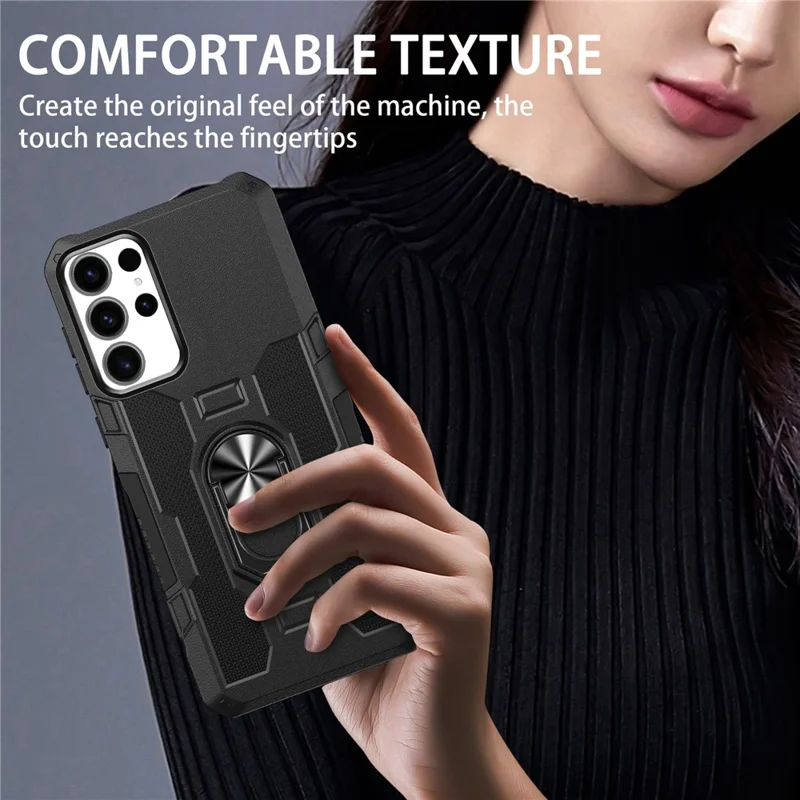 For Samsung Galaxy S25 Ultra Phone Case Ring Kickstand PC + TPU Shockproof Cover - Black