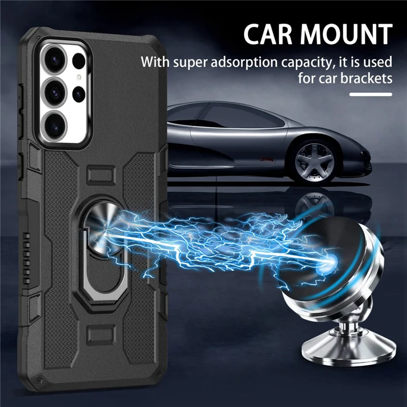 For Samsung Galaxy S25 Ultra Phone Case Ring Kickstand PC + TPU Shockproof Cover - Black