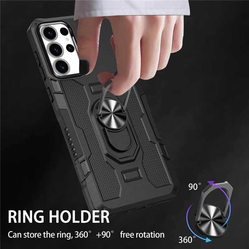 For Samsung Galaxy S25 Ultra Phone Case Ring Kickstand PC + TPU Shockproof Cover - Black