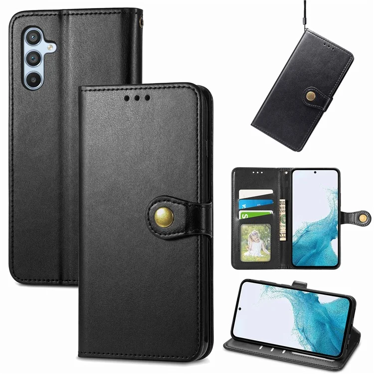 For Samsung Galaxy A56 5G Case Leather Phone Case Wallet Stand Cover with Wrist Strap - Black