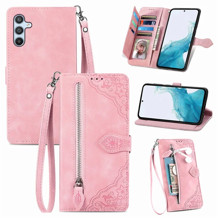 For Samsung Galaxy A56 5G Zipper Wallet Case with Strap Flower Imprint PU Leather Phone Cover - Pink