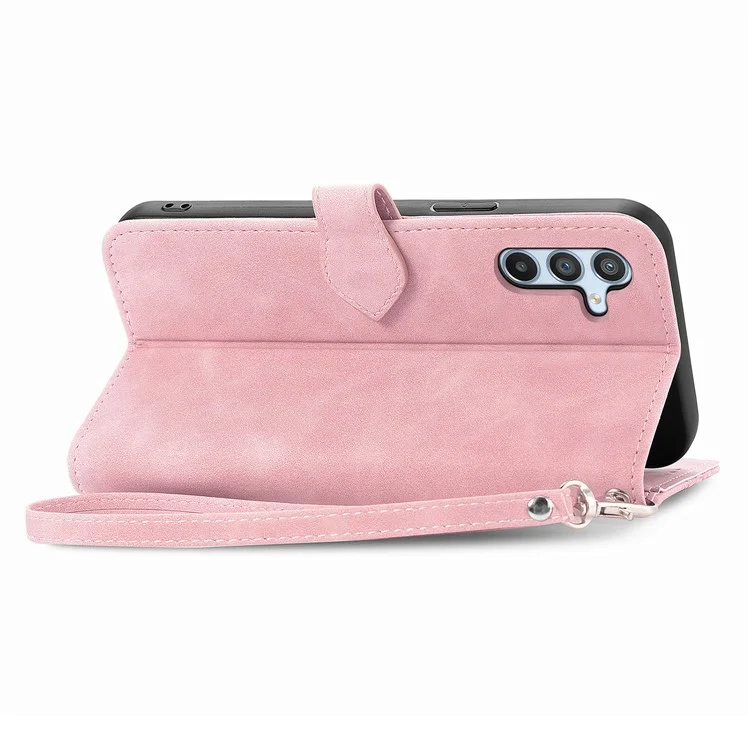 For Samsung Galaxy A56 5G Zipper Wallet Case with Strap Flower Imprint PU Leather Phone Cover - Pink