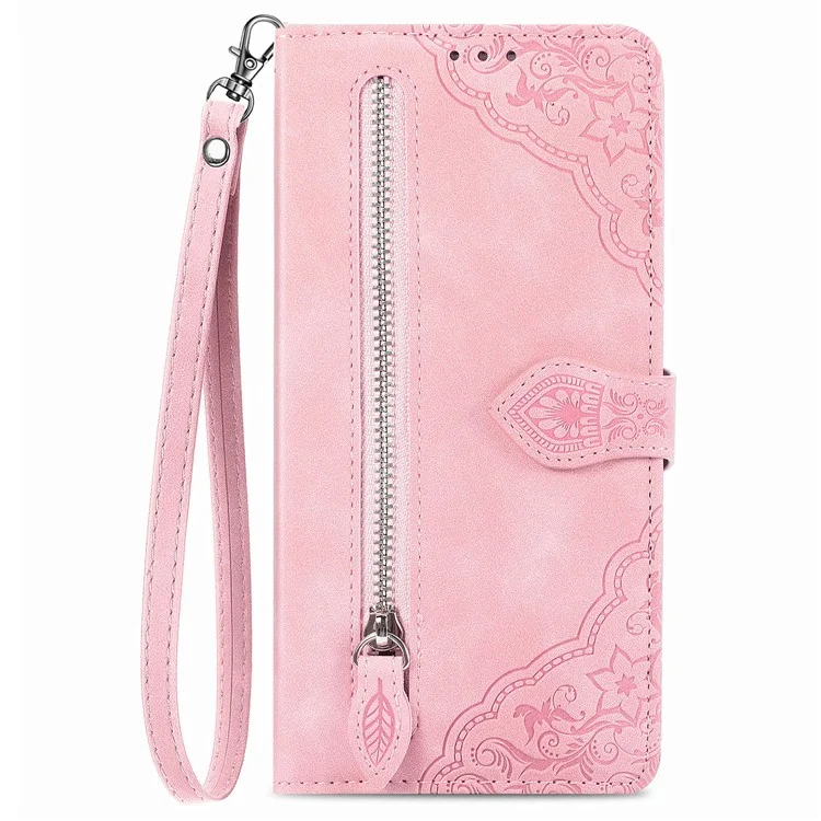 For Samsung Galaxy A56 5G Zipper Wallet Case with Strap Flower Imprint PU Leather Phone Cover - Pink