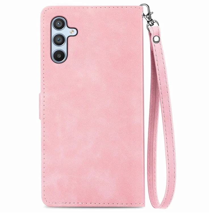 For Samsung Galaxy A56 5G Zipper Wallet Case with Strap Flower Imprint PU Leather Phone Cover - Pink