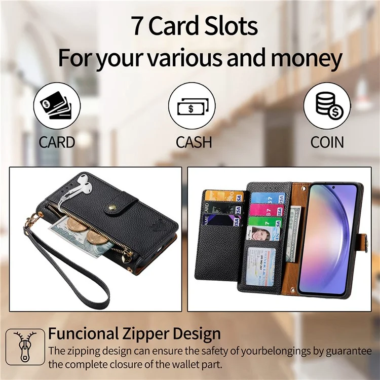 Cover a portafoglio in pelle per Samsung Galaxy A56 5G con blocco RFID e tasca con zip - Nero