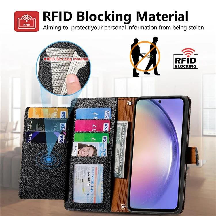 Cover a portafoglio in pelle per Samsung Galaxy A56 5G con blocco RFID e tasca con zip - Nero