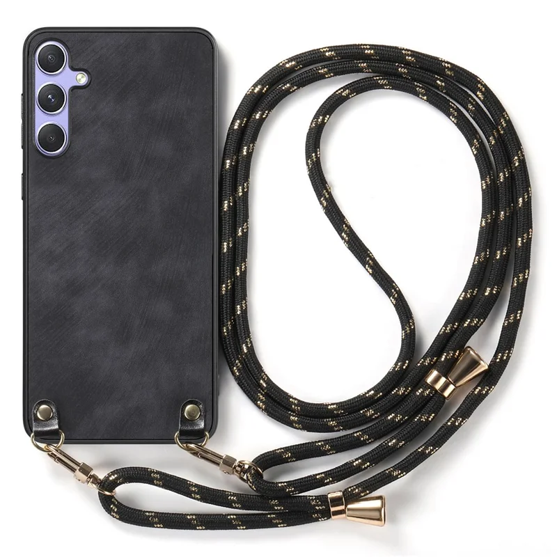 For Samsung Galaxy A56 5G Case Retro Texture Leather Coated PC + TPU Phone Cover with Hanging Rope - Black