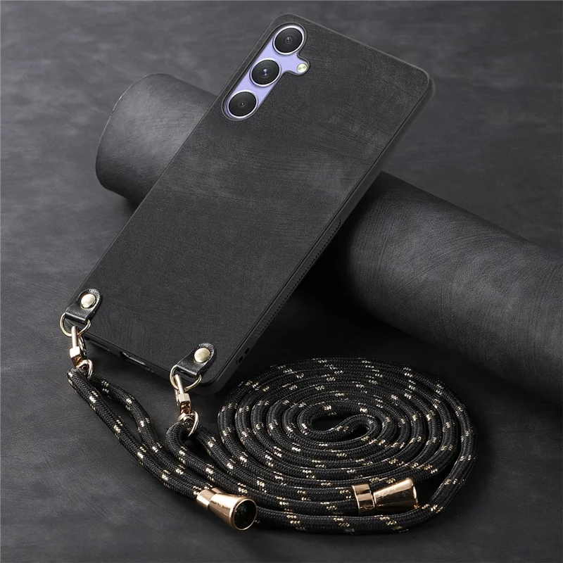 For Samsung Galaxy A56 5G Case Retro Texture Leather Coated PC + TPU Phone Cover with Hanging Rope - Black