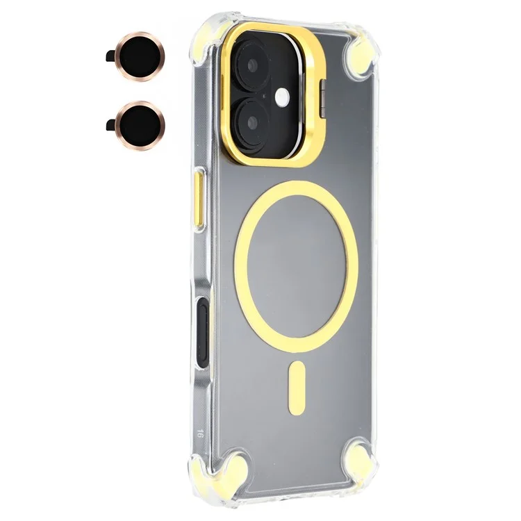 For iPhone 16 Magnetic Clear Case Shockproof Hybrid Phone Shell with Camera Lens Frame Kickstand - Gold