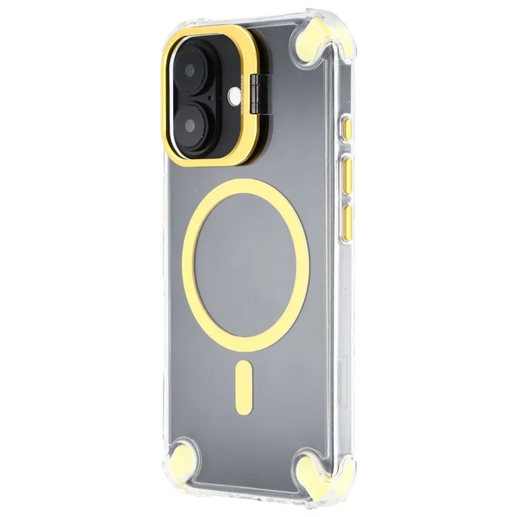 For iPhone 16 Magnetic Clear Case Shockproof Hybrid Phone Shell with Camera Lens Frame Kickstand - Gold
