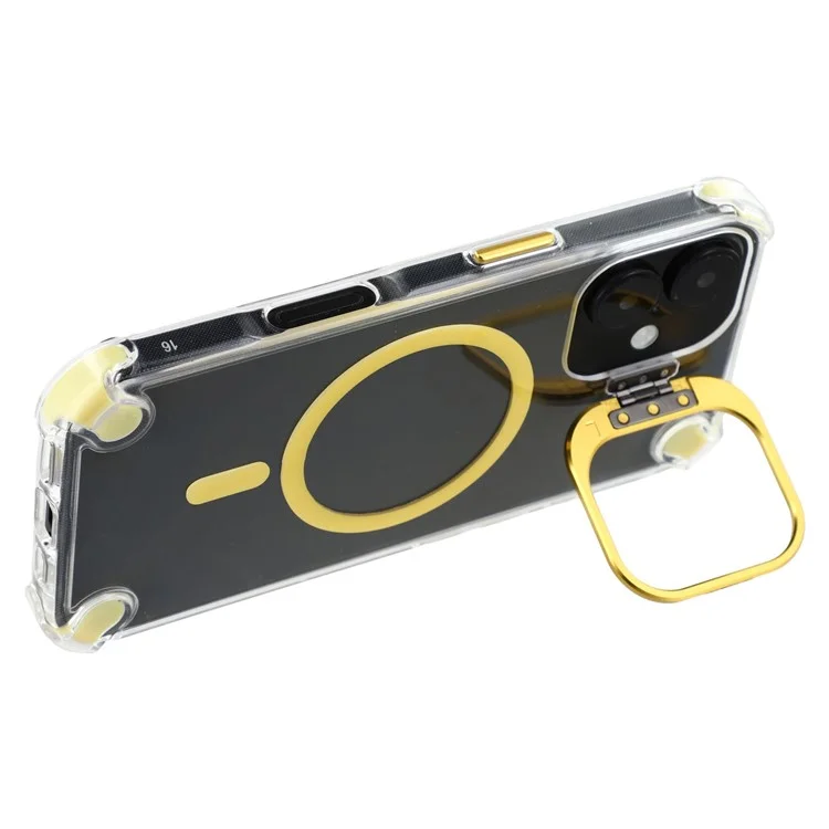 For iPhone 16 Magnetic Clear Case Shockproof Hybrid Phone Shell with Camera Lens Frame Kickstand - Gold