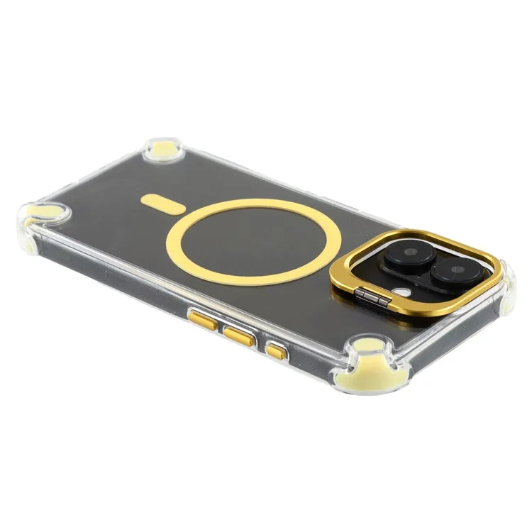 For iPhone 16 Magnetic Clear Case Shockproof Hybrid Phone Shell with Camera Lens Frame Kickstand - Gold