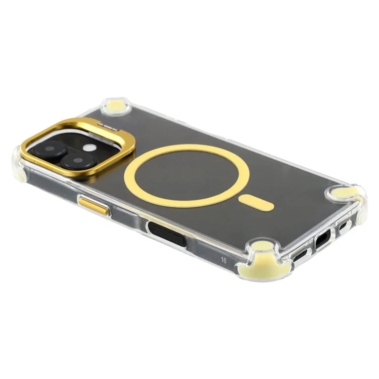 For iPhone 16 Magnetic Clear Case Shockproof Hybrid Phone Shell with Camera Lens Frame Kickstand - Gold