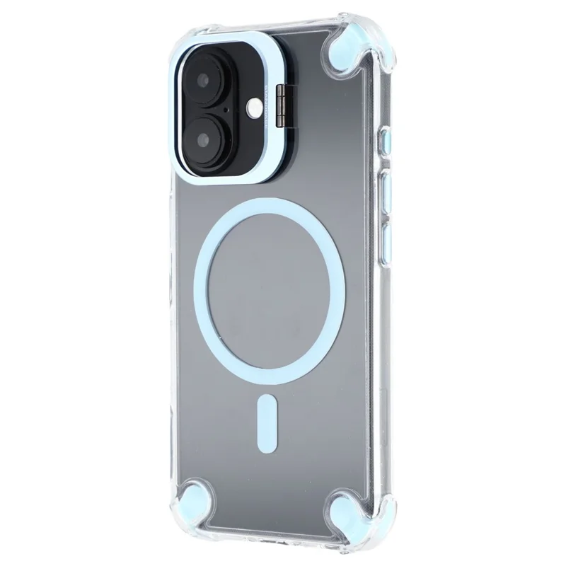 For iPhone 16 Plus Magnetic Clear Case Shockproof Hybrid Phone Shell with Camera Lens Frame Kickstand - Baby Blue