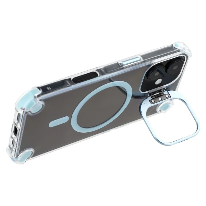 For iPhone 16 Plus Magnetic Clear Case Shockproof Hybrid Phone Shell with Camera Lens Frame Kickstand - Baby Blue