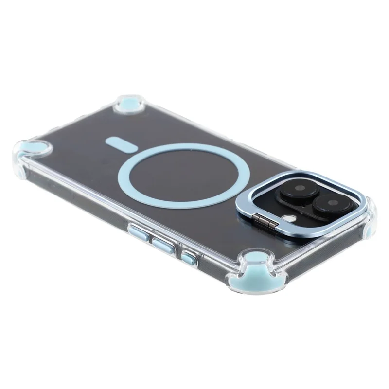 For iPhone 16 Plus Magnetic Clear Case Shockproof Hybrid Phone Shell with Camera Lens Frame Kickstand - Baby Blue