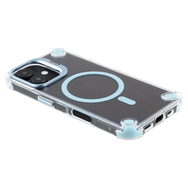For iPhone 16 Plus Magnetic Clear Case Shockproof Hybrid Phone Shell with Camera Lens Frame Kickstand - Baby Blue