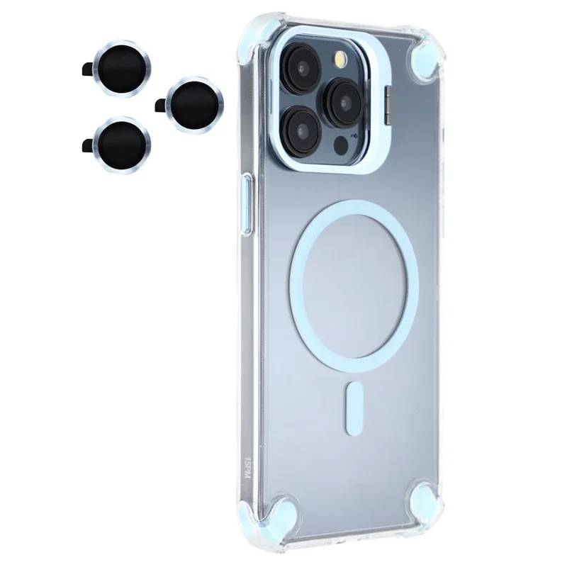 For iPhone 15 Pro Magnetic Clear Case Shockproof Hybrid Phone Shell with Camera Lens Frame Kickstand - Baby Blue