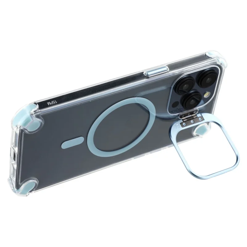For iPhone 15 Pro Magnetic Clear Case Shockproof Hybrid Phone Shell with Camera Lens Frame Kickstand - Baby Blue