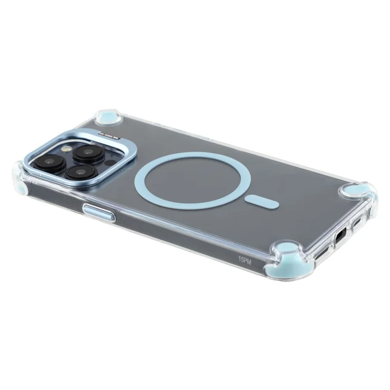 For iPhone 15 Pro Magnetic Clear Case Shockproof Hybrid Phone Shell with Camera Lens Frame Kickstand - Baby Blue
