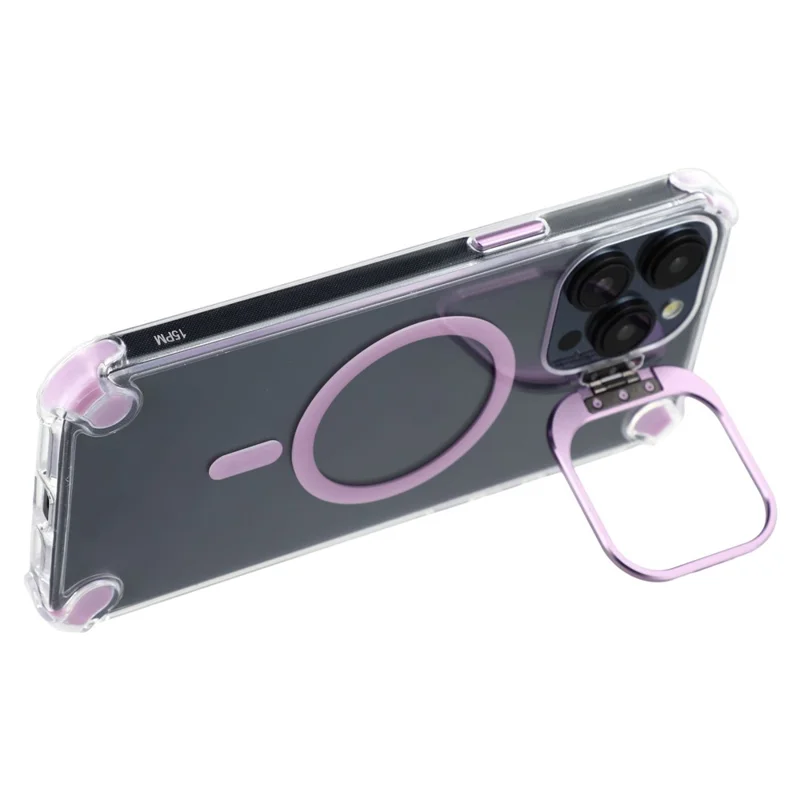 For iPhone 15 Pro Magnetic Clear Case Shockproof Hybrid Phone Shell with Camera Lens Frame Kickstand - Purple