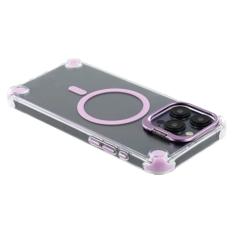 For iPhone 15 Pro Magnetic Clear Case Shockproof Hybrid Phone Shell with Camera Lens Frame Kickstand - Purple