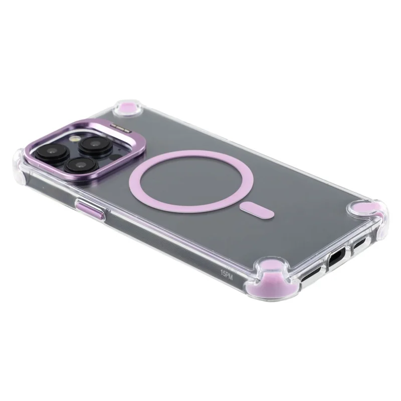 For iPhone 15 Pro Magnetic Clear Case Shockproof Hybrid Phone Shell with Camera Lens Frame Kickstand - Purple