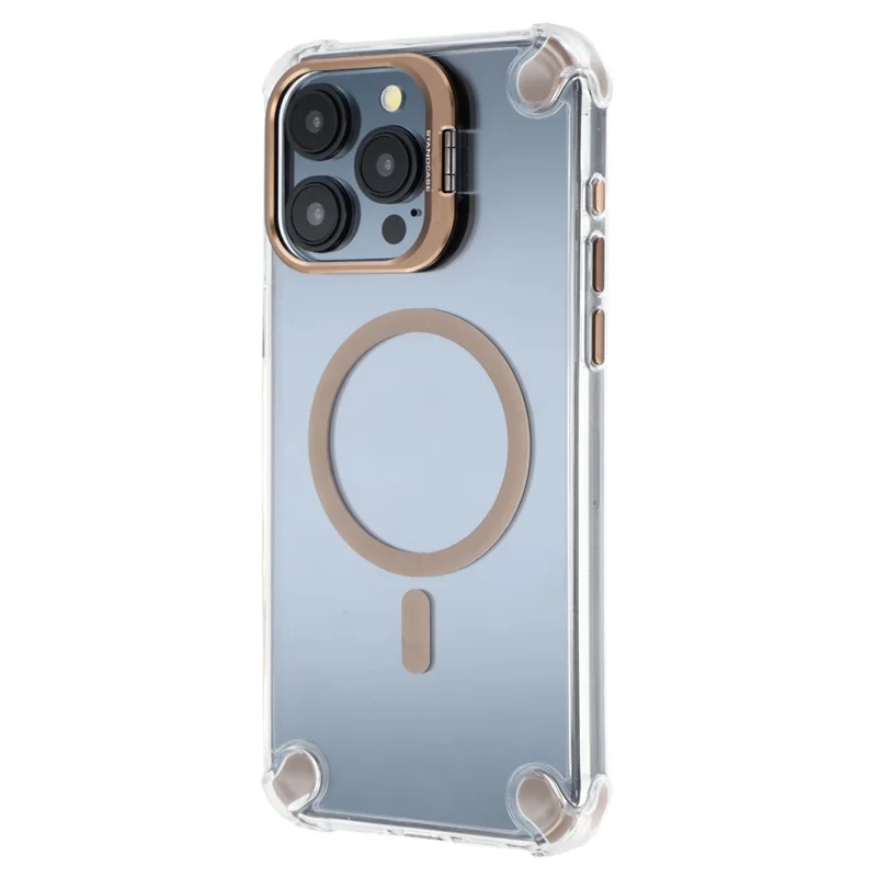 For iPhone 15 Pro Magnetic Clear Case Shockproof Hybrid Phone Shell with Camera Lens Frame Kickstand - Brown