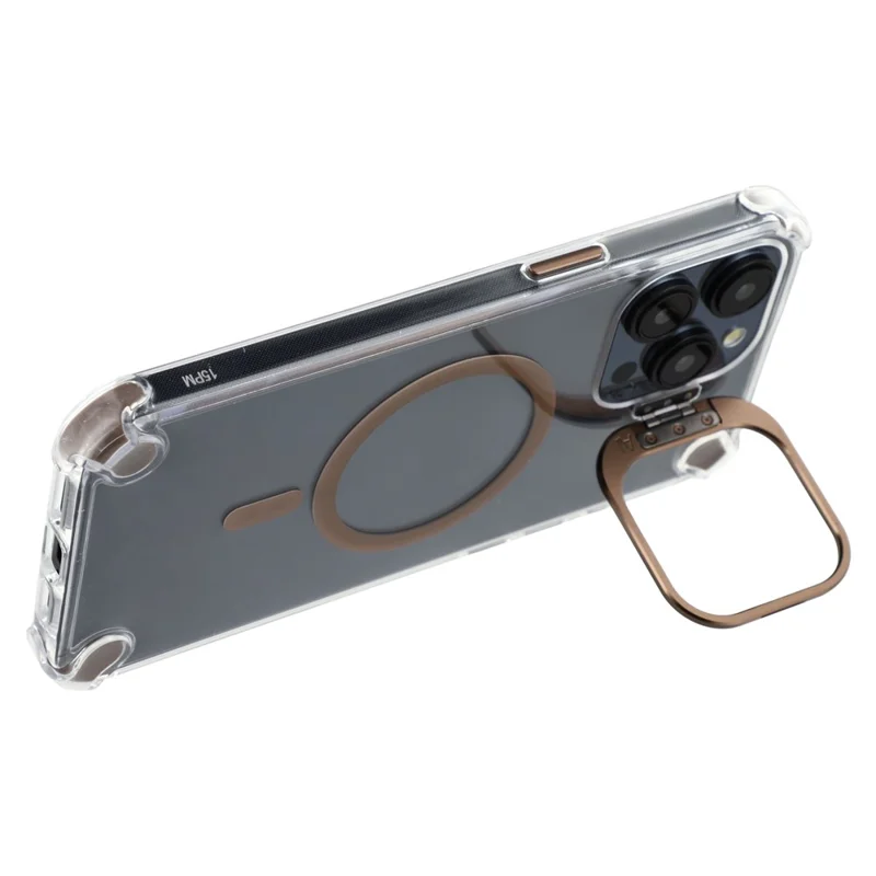 For iPhone 15 Pro Magnetic Clear Case Shockproof Hybrid Phone Shell with Camera Lens Frame Kickstand - Brown