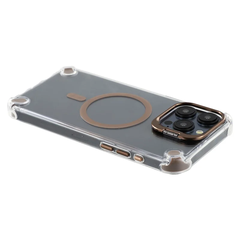 For iPhone 15 Pro Magnetic Clear Case Shockproof Hybrid Phone Shell with Camera Lens Frame Kickstand - Brown