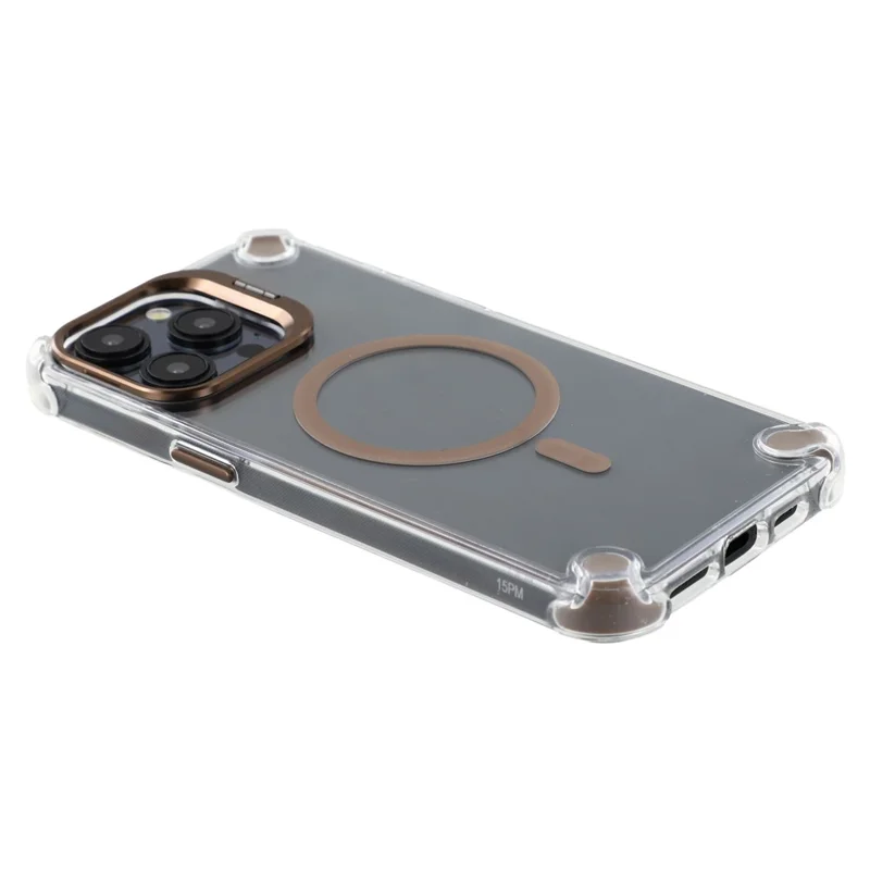 For iPhone 15 Pro Magnetic Clear Case Shockproof Hybrid Phone Shell with Camera Lens Frame Kickstand - Brown