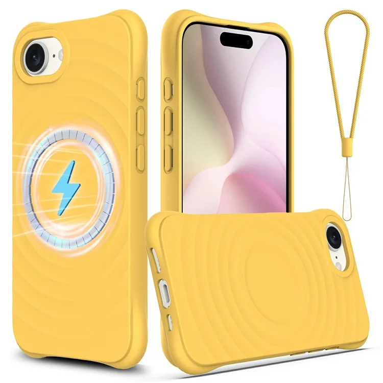 For iPhone 16e Case Compatible with MagSafe Ripple Texture Liquid Silicone Protective Cover with Strap - Yellow