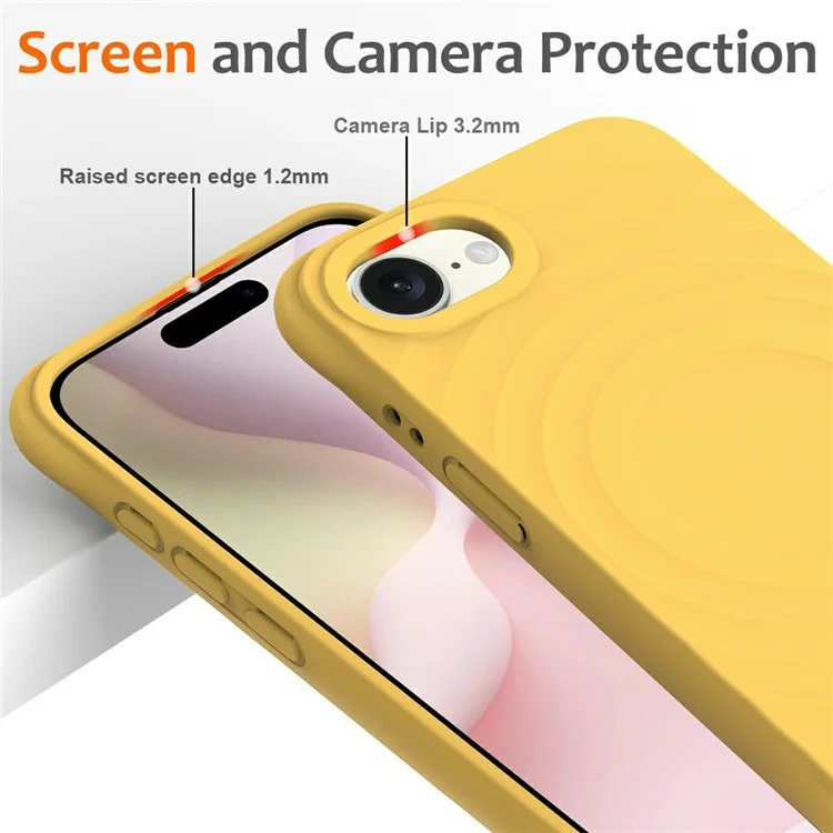For iPhone 16e Case Compatible with MagSafe Ripple Texture Liquid Silicone Protective Cover with Strap - Yellow