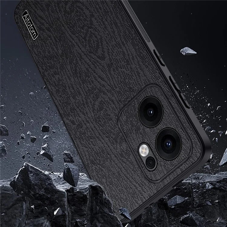 Cover per Oppo Reno13 F 4G con Texture in Legno, Rivestimento in Pelle PU e Cover per Telefono in PC TPU - Nero