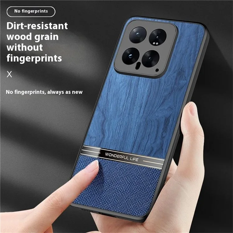 Capa para Xiaomi 14T Textura de Madeira com Revestimento de Couro e TPU para Proteção de Celular - Azul