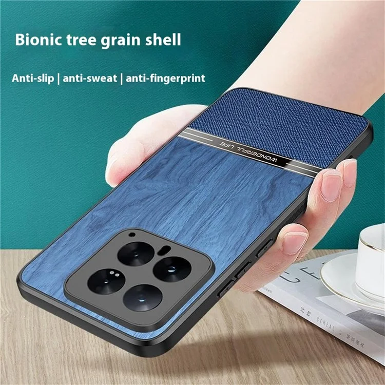 Capa para Xiaomi 14T Textura de Madeira com Revestimento de Couro e TPU para Proteção de Celular - Azul